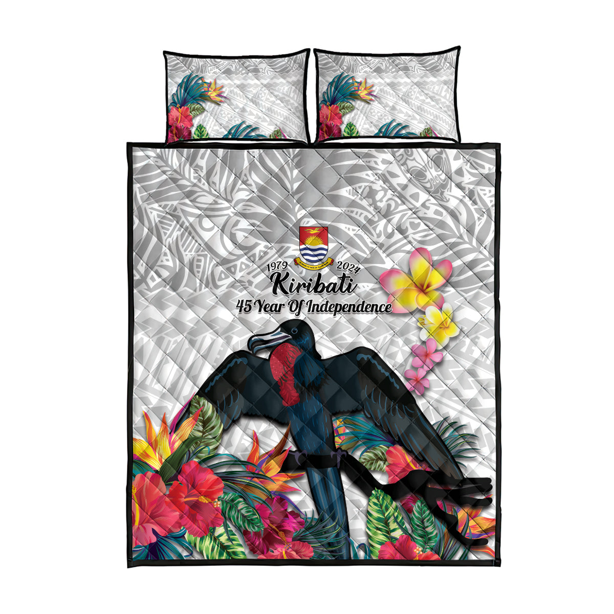 Kiribati Independence Day Quilt Bed Set Frigatebird Mix Tropical Flowers - White Style LT14 - Polynesian Pride