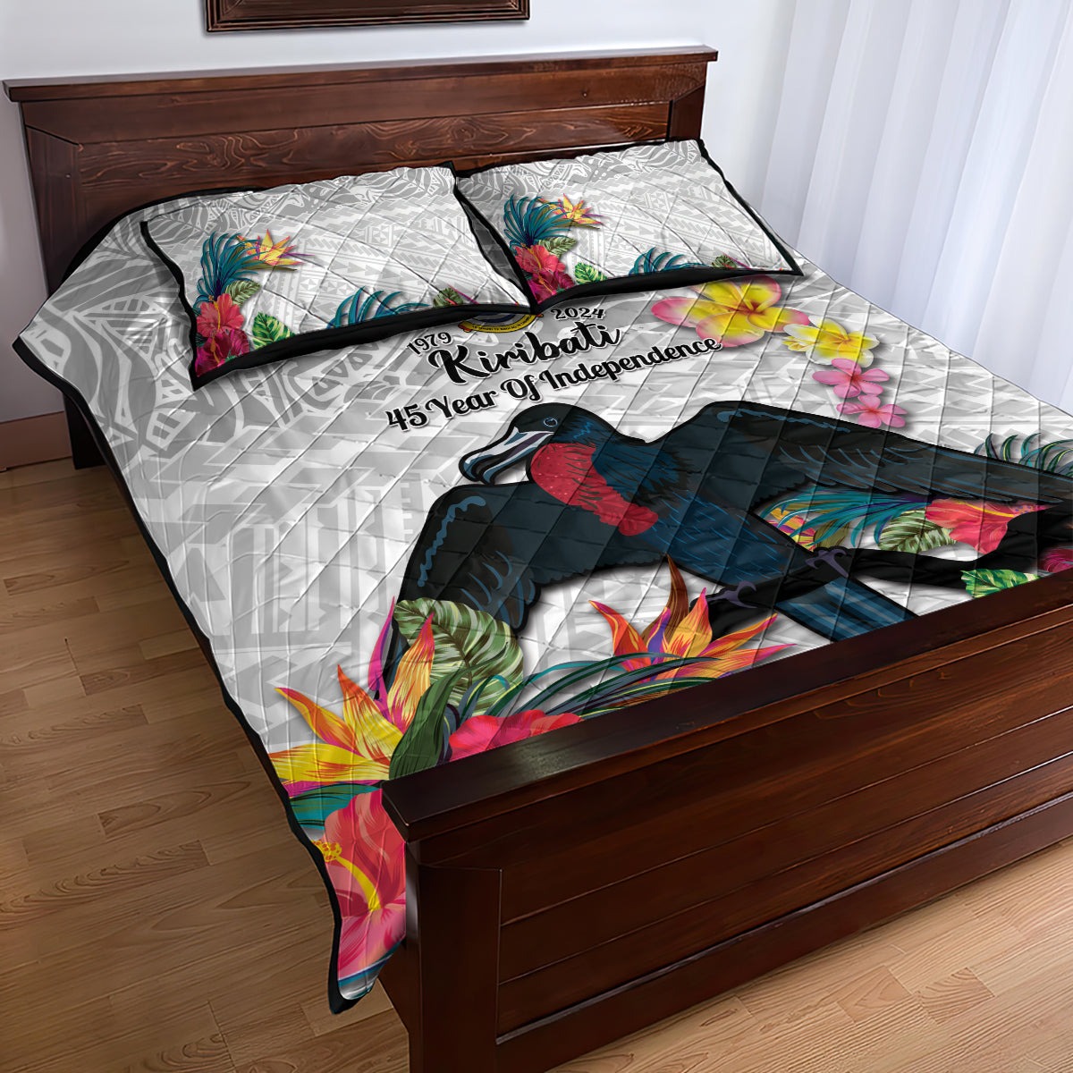 Kiribati Independence Day Quilt Bed Set Frigatebird Mix Tropical Flowers - White Style LT14 - Polynesian Pride