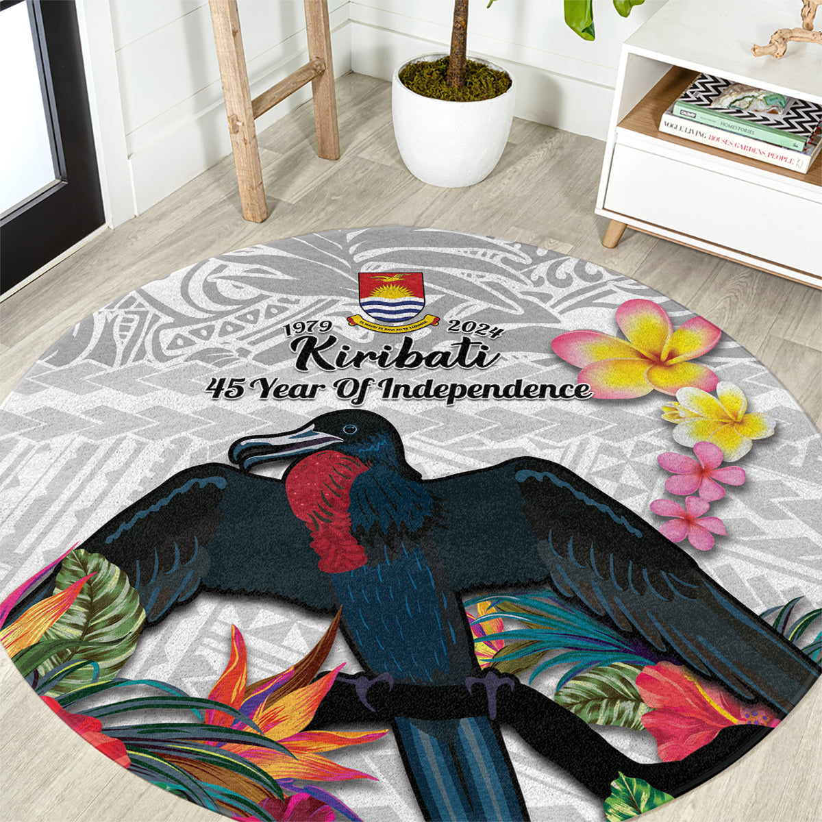 Kiribati Independence Day Round Carpet Frigatebird Mix Tropical Flowers - White Style