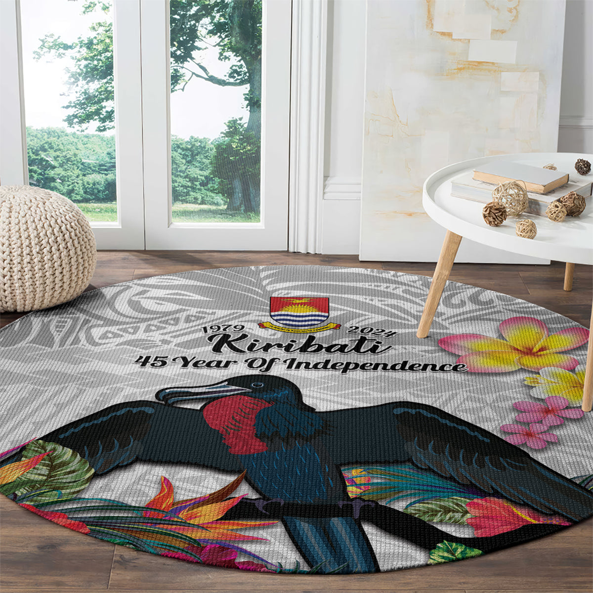 Kiribati Independence Day Round Carpet Frigatebird Mix Tropical Flowers - White Style
