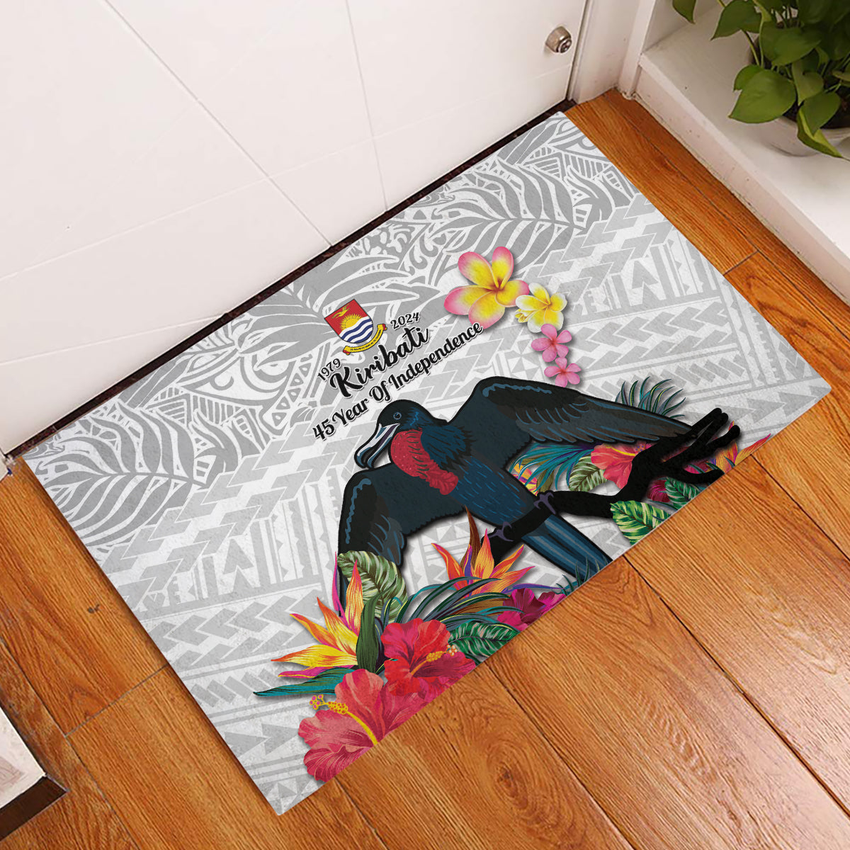 Kiribati Independence Day Rubber Doormat Frigatebird Mix Tropical Flowers - White Style LT14 White - Polynesian Pride