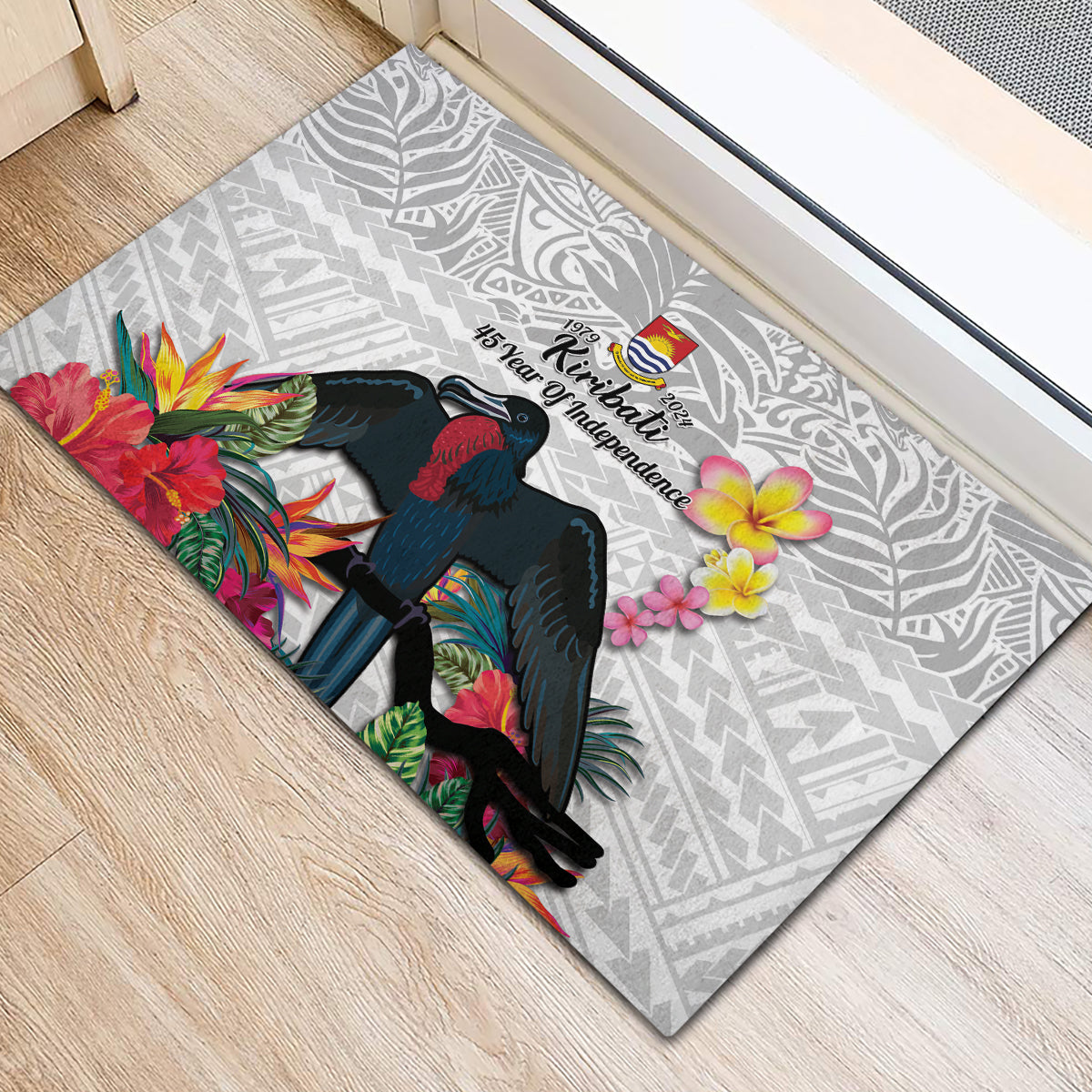 Kiribati Independence Day Rubber Doormat Frigatebird Mix Tropical Flowers - White Style LT14 - Polynesian Pride