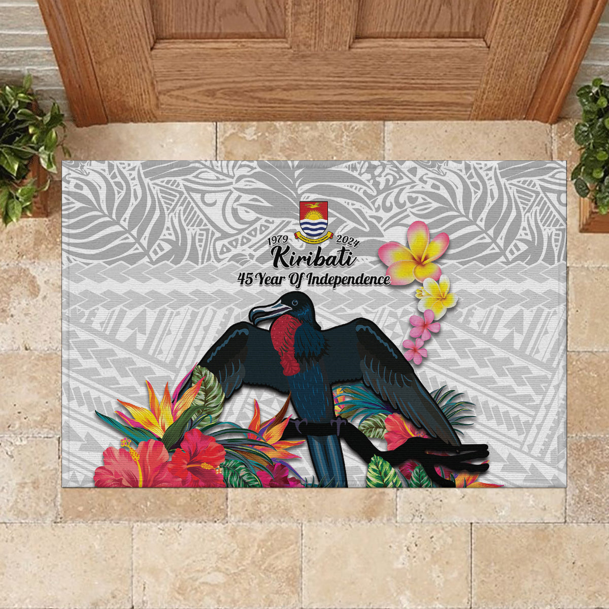Kiribati Independence Day Rubber Doormat Frigatebird Mix Tropical Flowers - White Style LT14 - Polynesian Pride