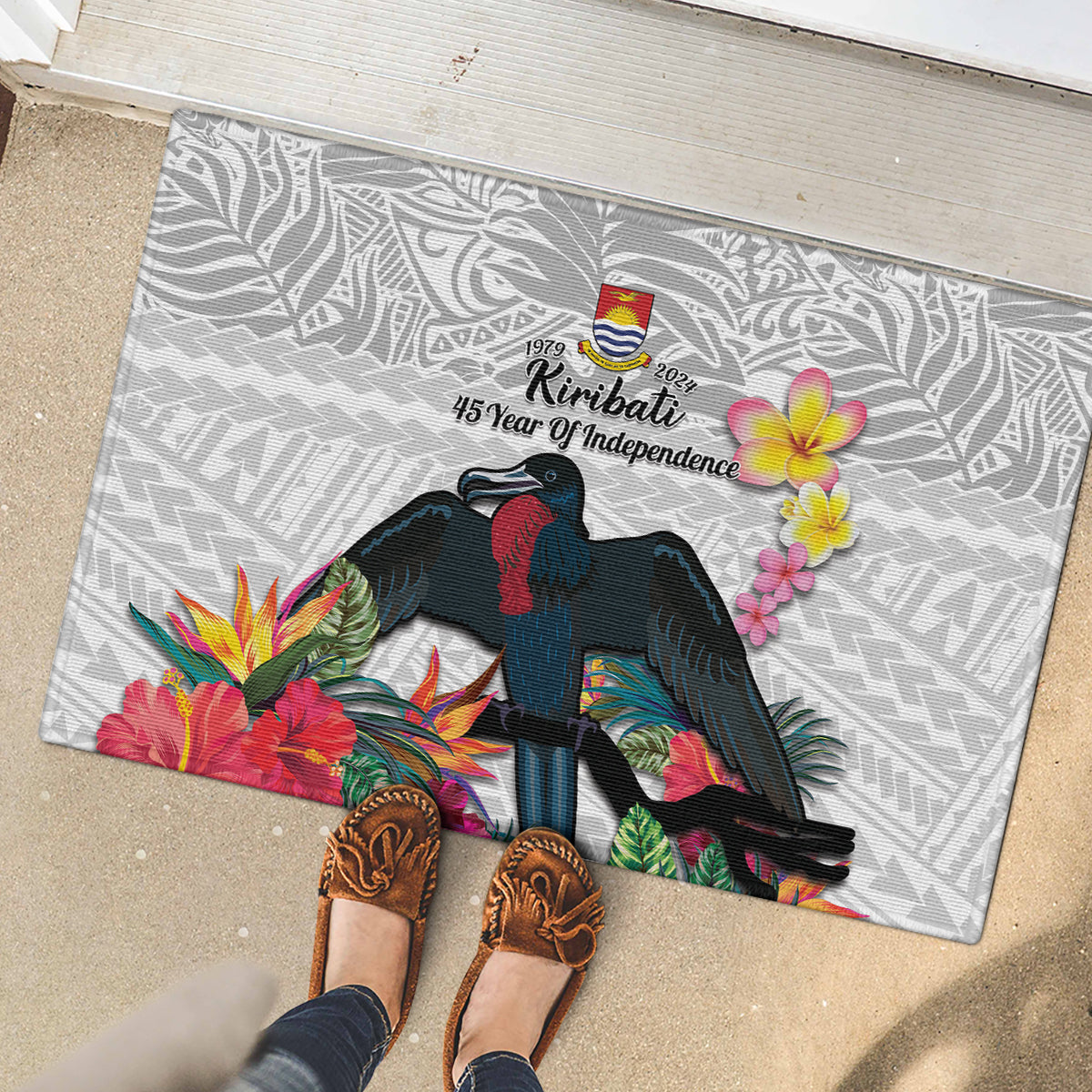 Kiribati Independence Day Rubber Doormat Frigatebird Mix Tropical Flowers - White Style LT14 - Polynesian Pride