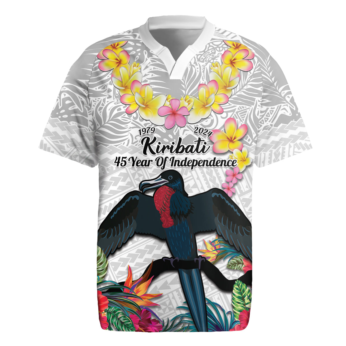 Kiribati Independence Day Rugby Jersey Frigatebird Mix Tropical Flowers - White Style