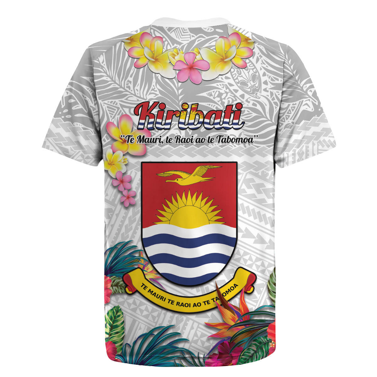 Kiribati Independence Day Rugby Jersey Frigatebird Mix Tropical Flowers - White Style LT14 - Polynesian Pride