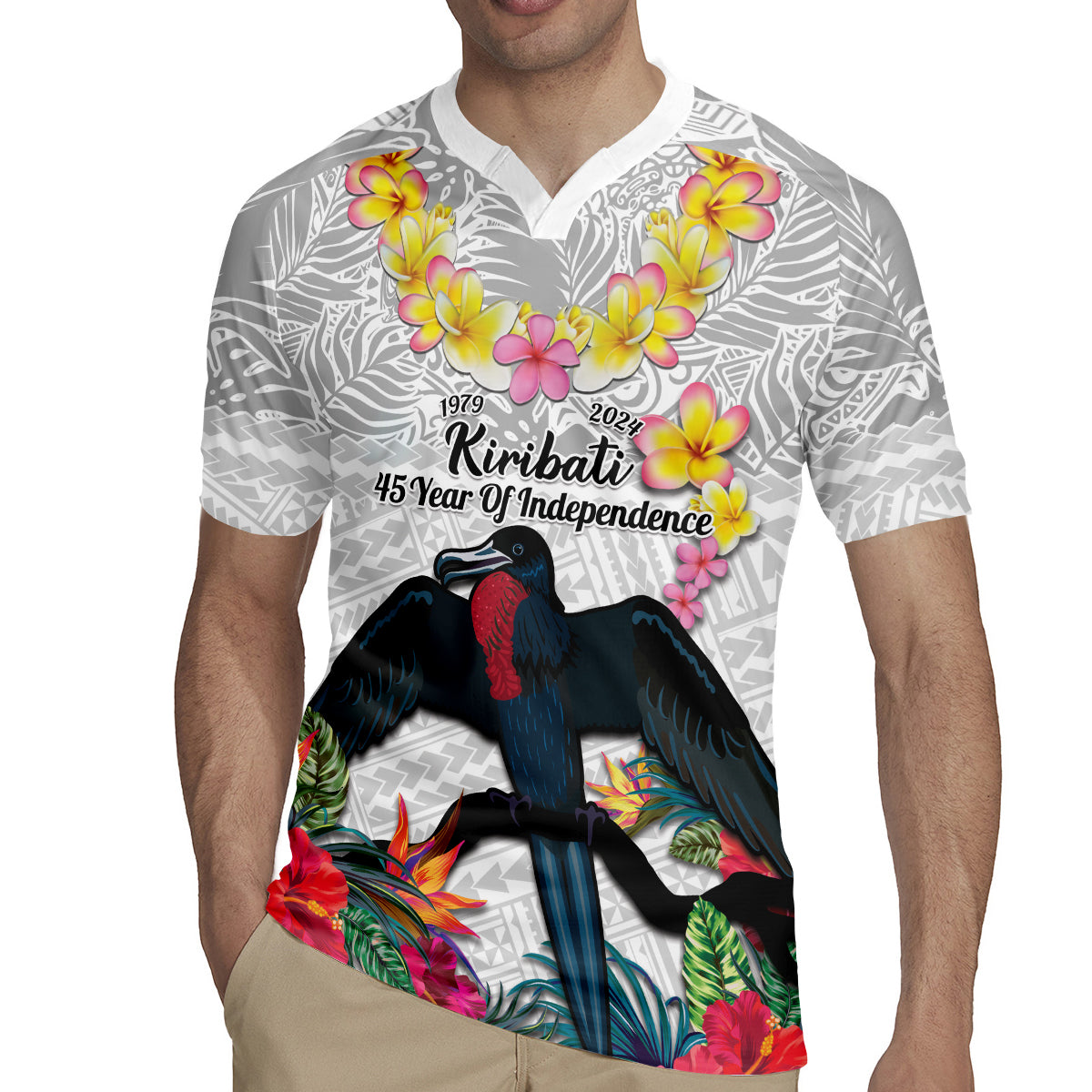 Kiribati Independence Day Rugby Jersey Frigatebird Mix Tropical Flowers - White Style LT14 - Polynesian Pride