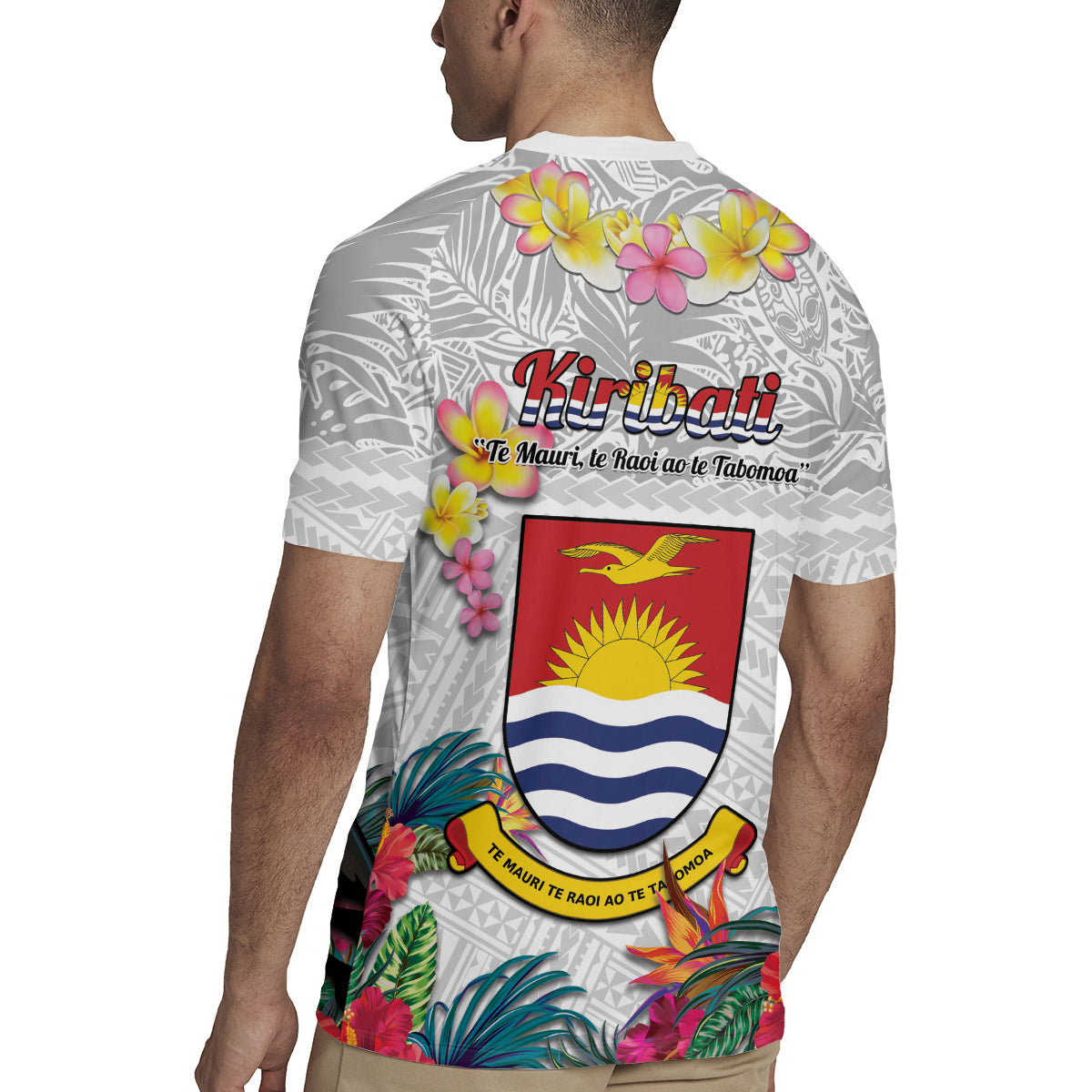 Kiribati Independence Day Rugby Jersey Frigatebird Mix Tropical Flowers - White Style LT14 - Polynesian Pride