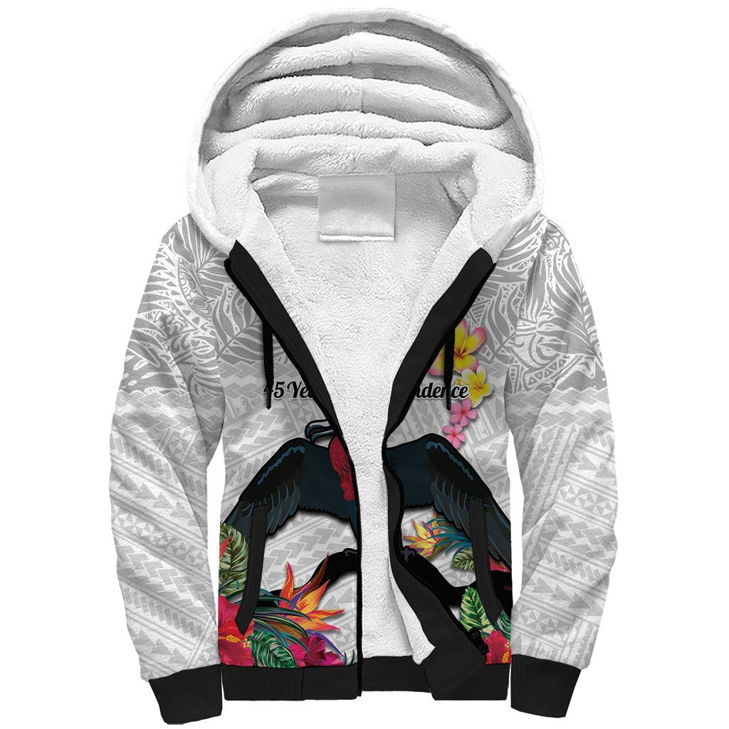 Kiribati Independence Day Sherpa Hoodie Frigatebird Mix Tropical Flowers - White Style LT14 Unisex White - Polynesian Pride
