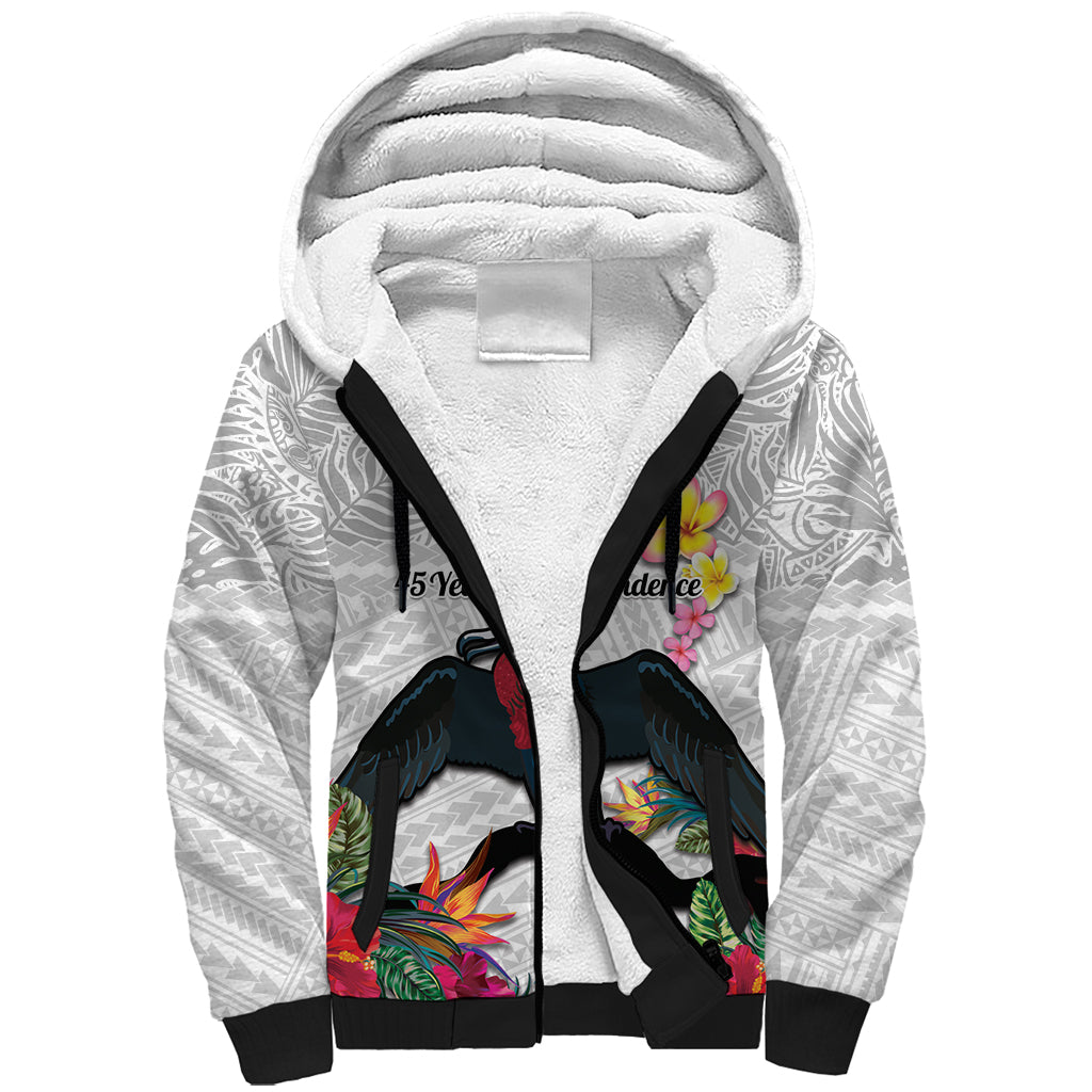 Kiribati Independence Day Sherpa Hoodie Frigatebird Mix Tropical Flowers - White Style