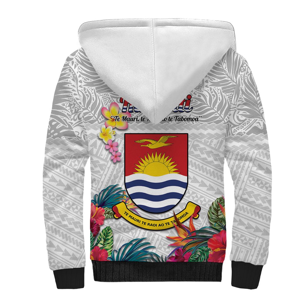 Kiribati Independence Day Sherpa Hoodie Frigatebird Mix Tropical Flowers - White Style LT14 - Polynesian Pride