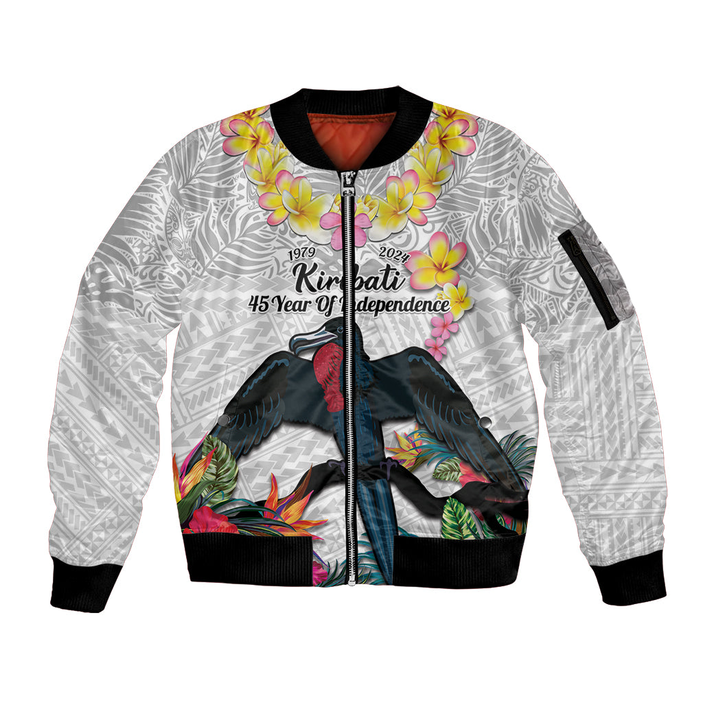 Kiribati Independence Day Sleeve Zip Bomber Jacket Frigatebird Mix Tropical Flowers - White Style LT14 Unisex White - Polynesian Pride