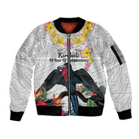 Kiribati Independence Day Sleeve Zip Bomber Jacket Frigatebird Mix Tropical Flowers - White Style LT14 Unisex White - Polynesian Pride
