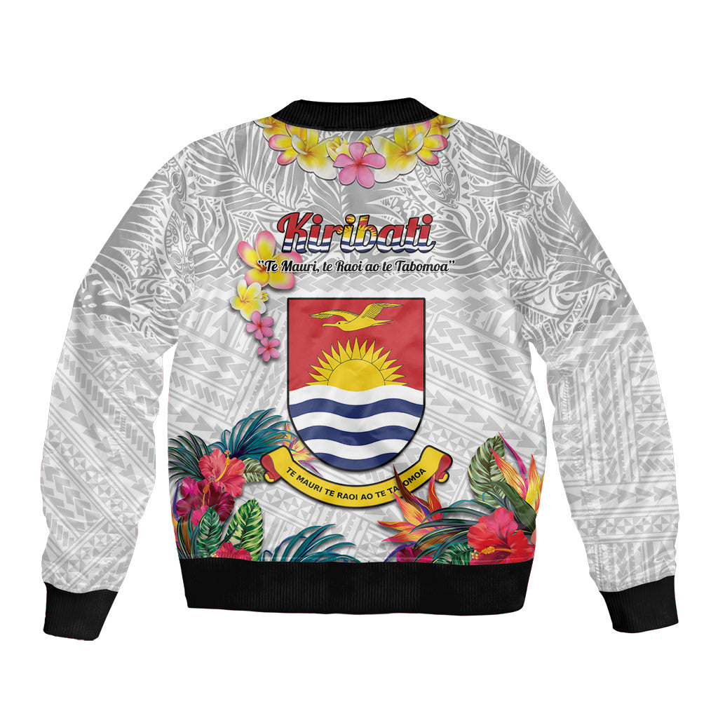 Kiribati Independence Day Sleeve Zip Bomber Jacket Frigatebird Mix Tropical Flowers - White Style LT14 - Polynesian Pride