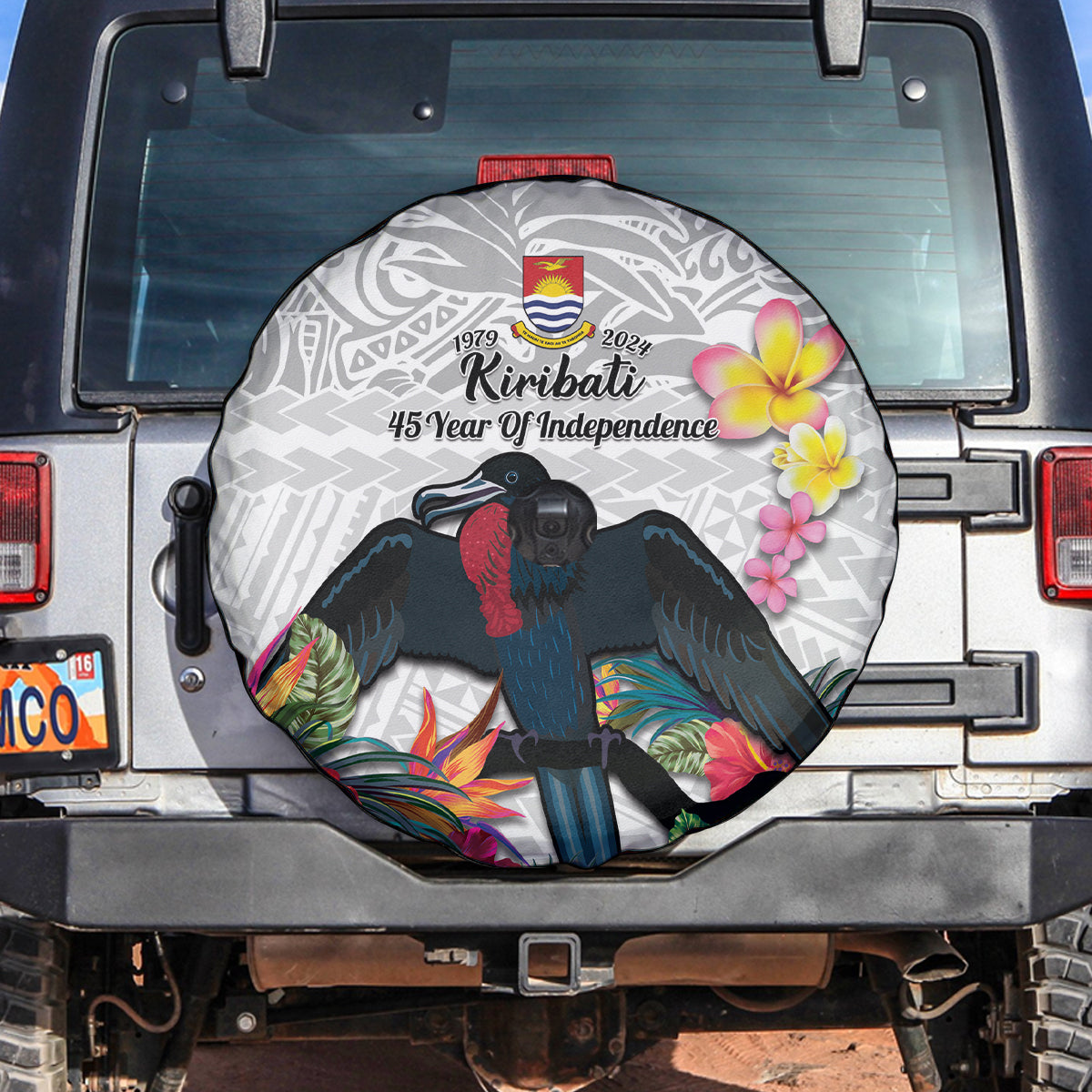 Kiribati Independence Day Spare Tire Cover Frigatebird Mix Tropical Flowers - White Style LT14 White - Polynesian Pride