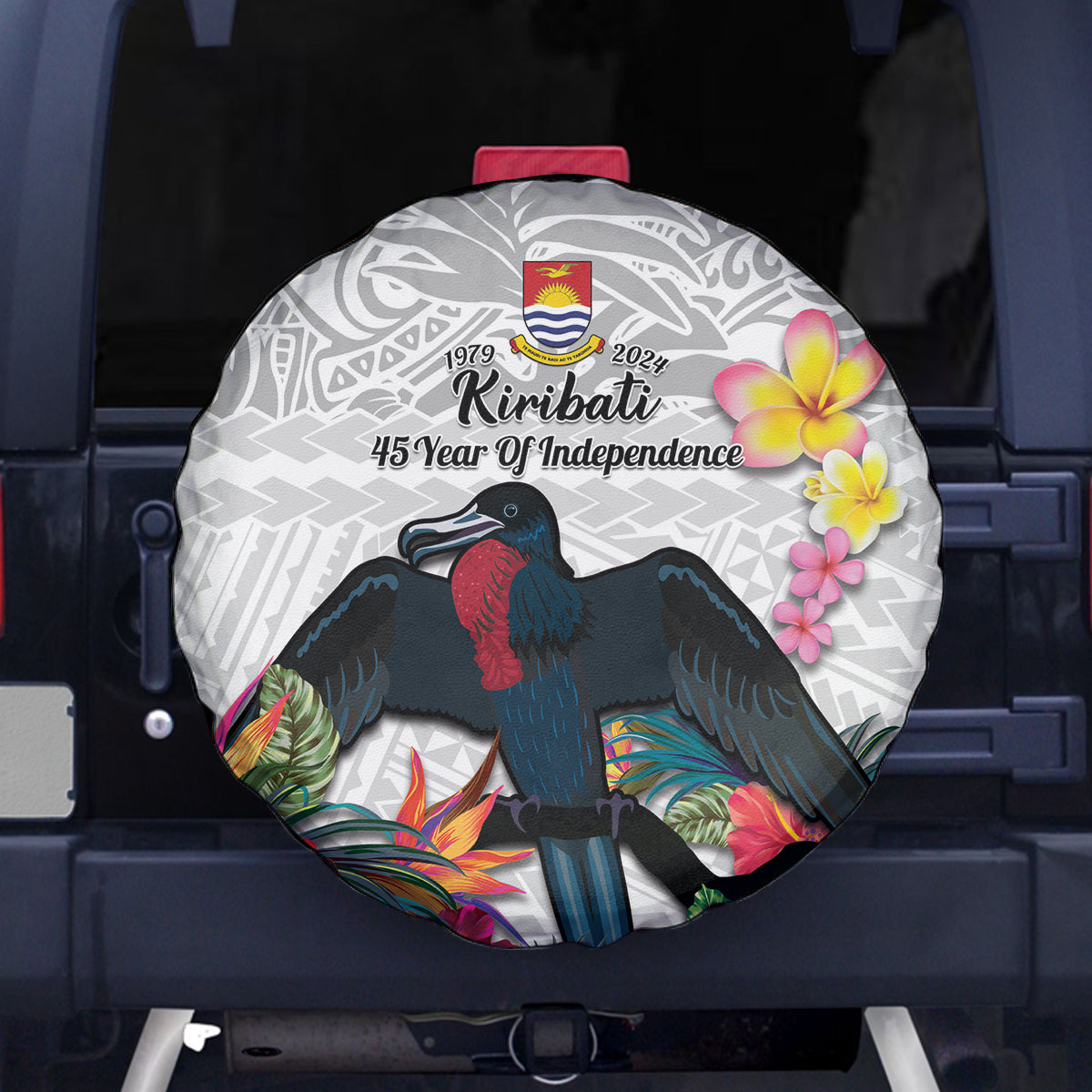 Kiribati Independence Day Spare Tire Cover Frigatebird Mix Tropical Flowers - White Style LT14 - Polynesian Pride