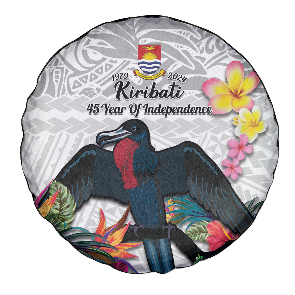 Kiribati Independence Day Spare Tire Cover Frigatebird Mix Tropical Flowers - White Style LT14 - Polynesian Pride