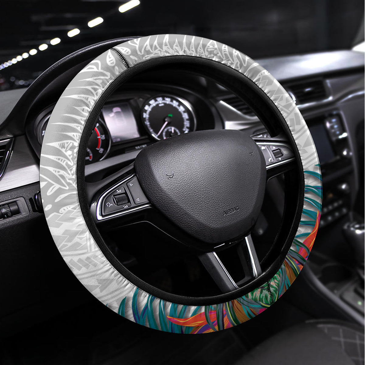 Kiribati Independence Day Steering Wheel Cover Frigatebird Mix Tropical Flowers - White Style