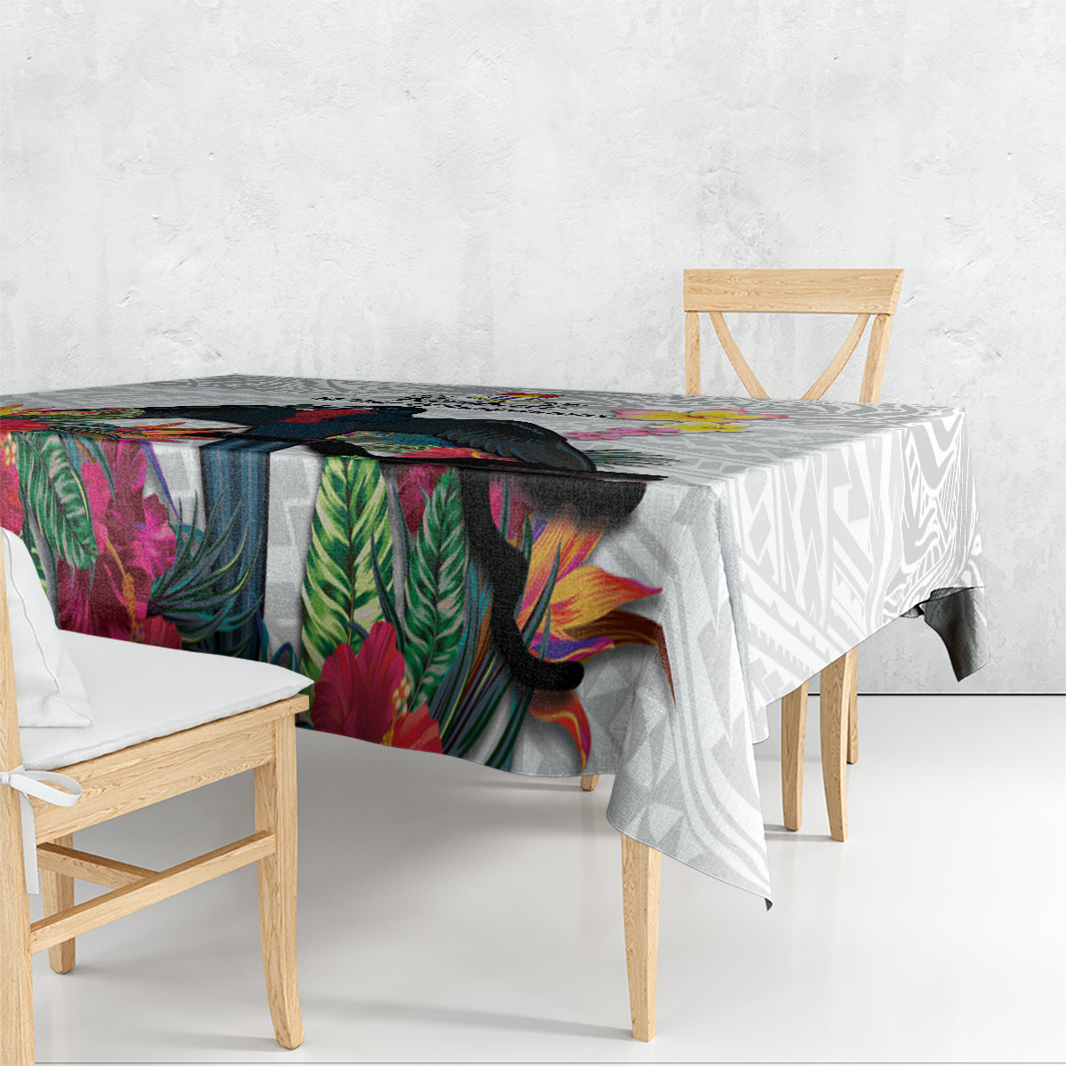 Kiribati Independence Day Tablecloth Frigatebird Mix Tropical Flowers - White Style LT14 - Polynesian Pride