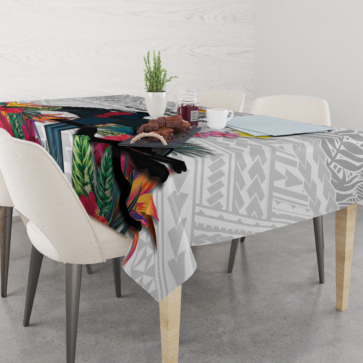 Kiribati Independence Day Tablecloth Frigatebird Mix Tropical Flowers - White Style LT14 - Polynesian Pride