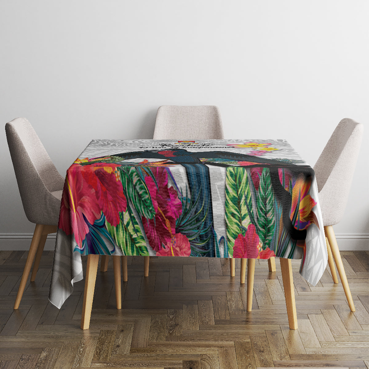 Kiribati Independence Day Tablecloth Frigatebird Mix Tropical Flowers - White Style LT14 - Polynesian Pride