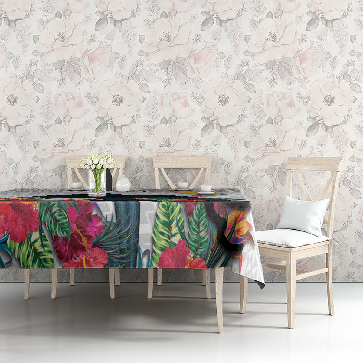 Kiribati Independence Day Tablecloth Frigatebird Mix Tropical Flowers - White Style LT14 - Polynesian Pride