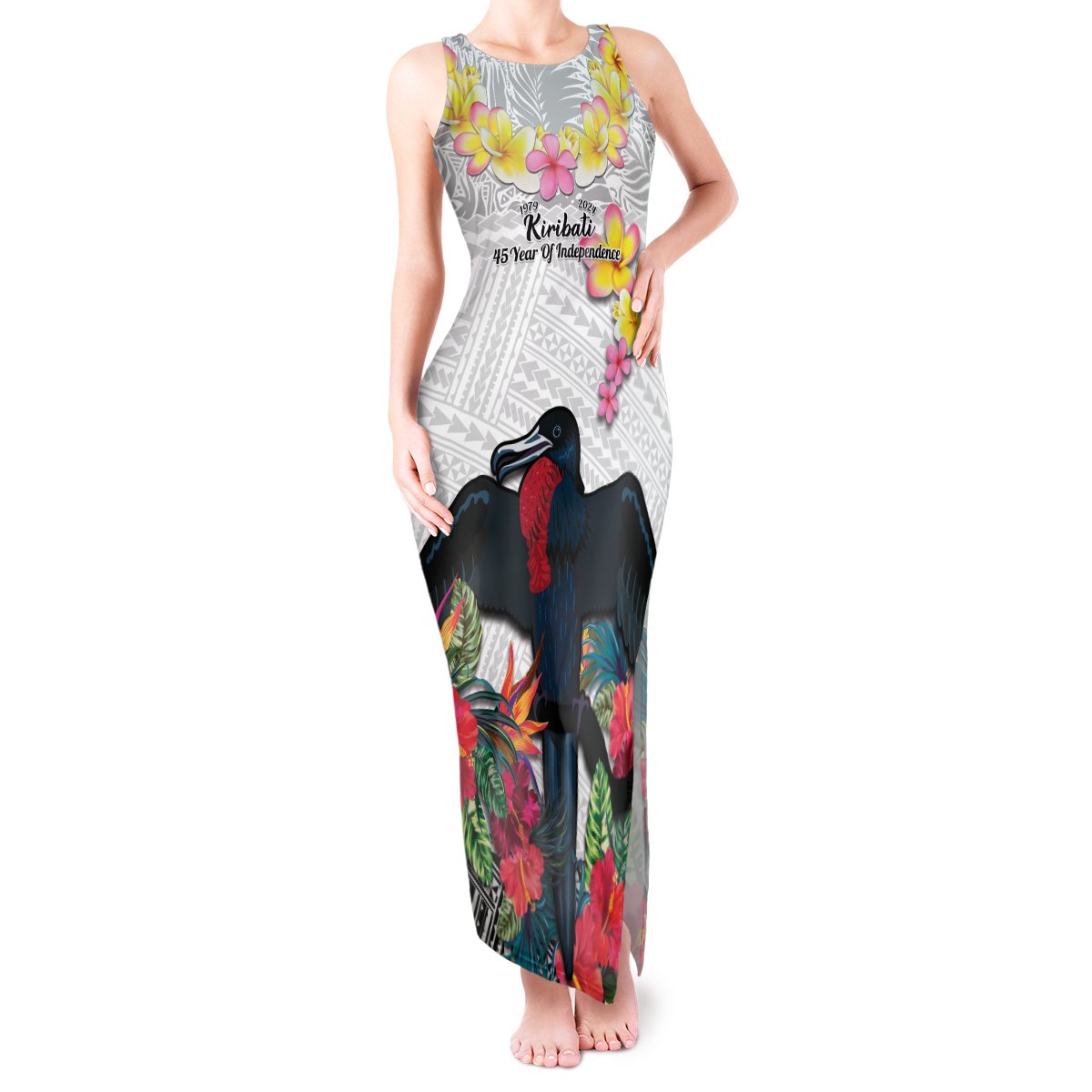 Kiribati Independence Day Tank Maxi Dress Frigatebird Mix Tropical Flowers - White Style LT14 Women White - Polynesian Pride