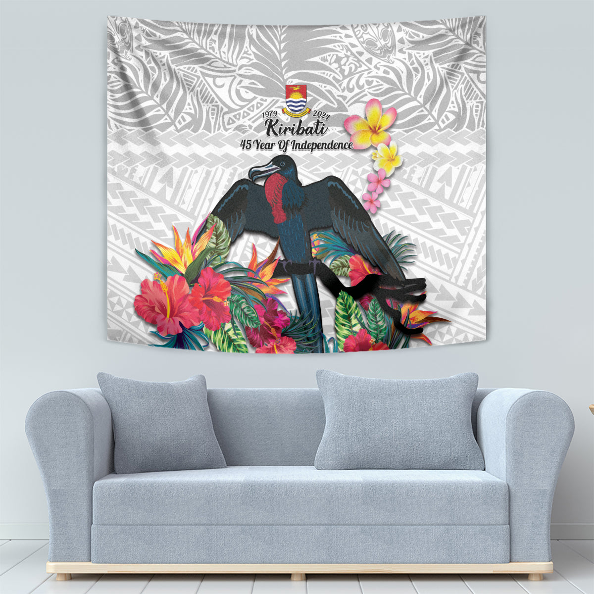 Kiribati Independence Day Tapestry Frigatebird Mix Tropical Flowers - White Style