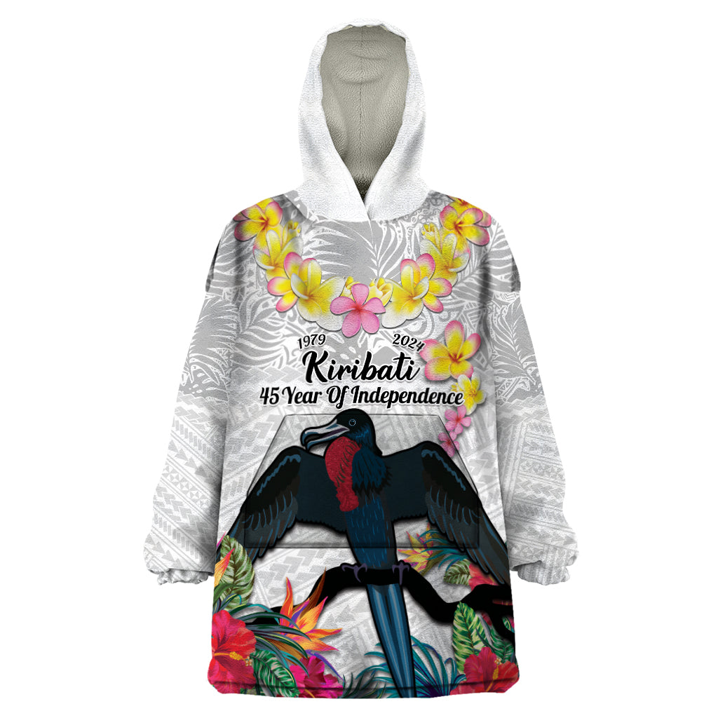 Kiribati Independence Day Wearable Blanket Hoodie Frigatebird Mix Tropical Flowers - White Style LT14 One Size White - Polynesian Pride