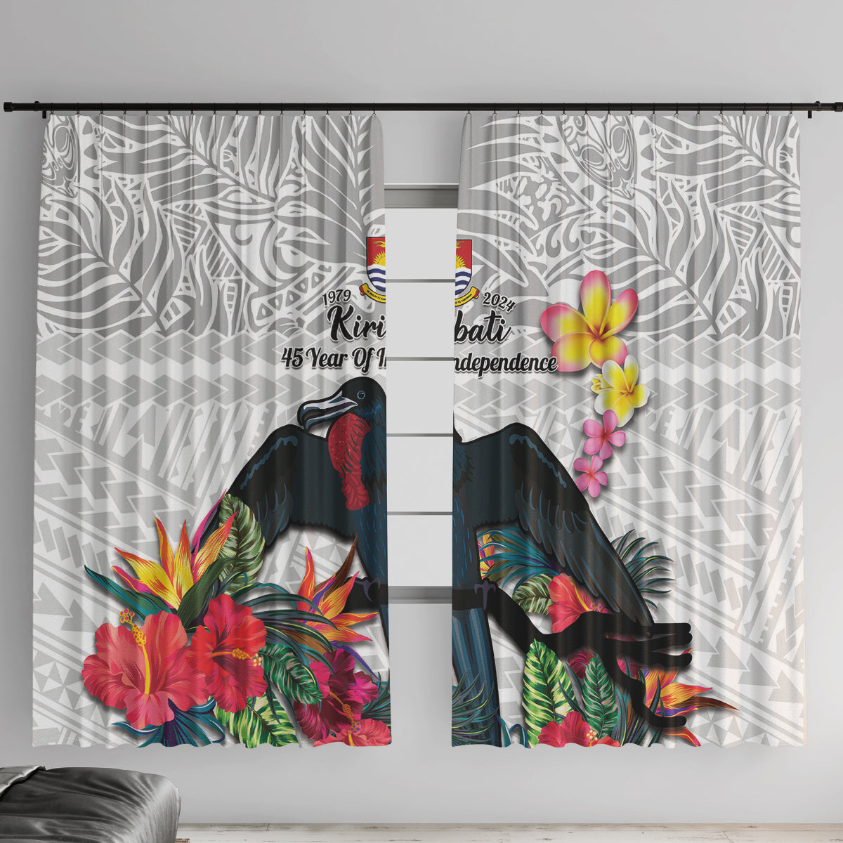 Kiribati Independence Day Window Curtain Frigatebird Mix Tropical Flowers - White Style