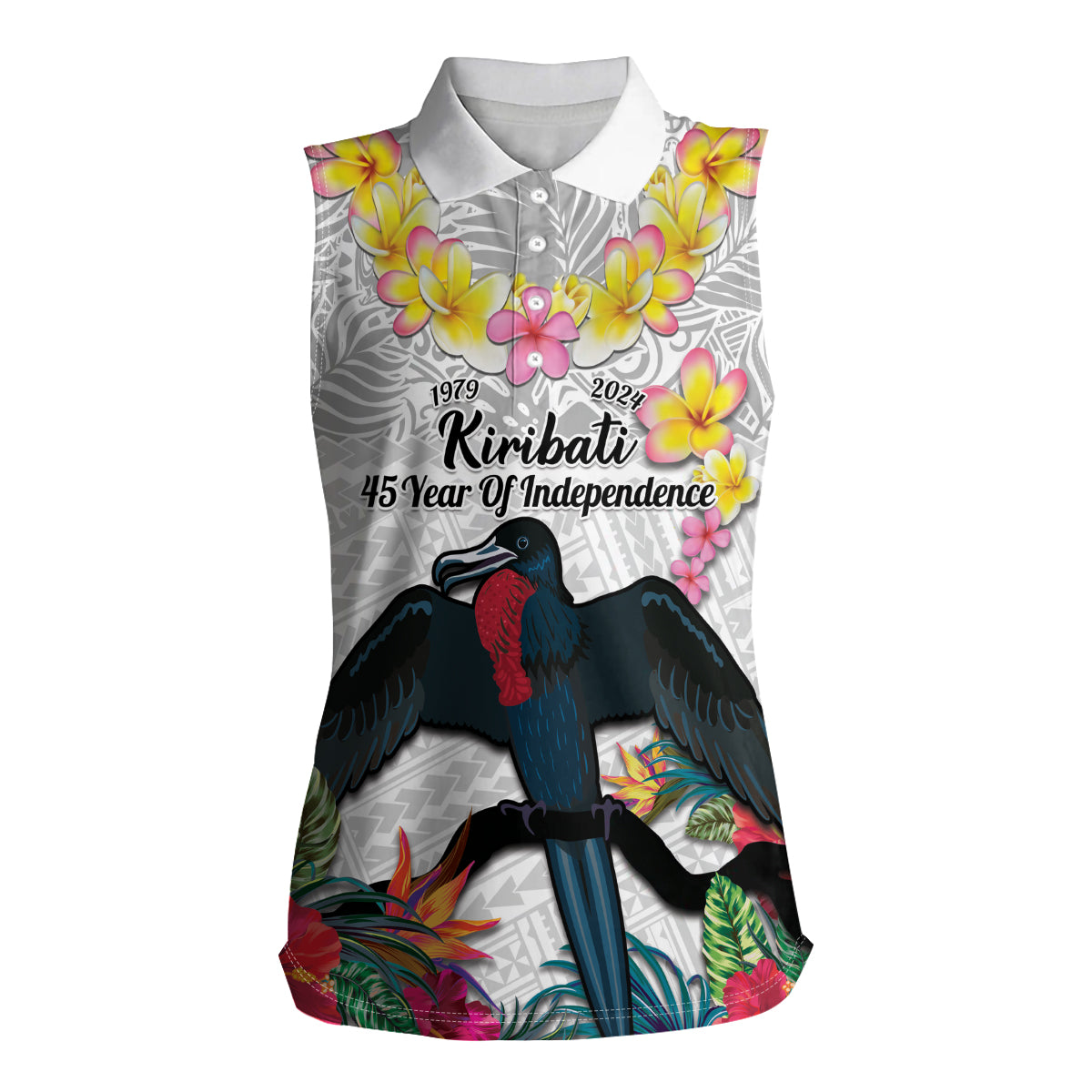 Kiribati Independence Day Women Sleeveless Polo Shirt Frigatebird Mix Tropical Flowers - White Style