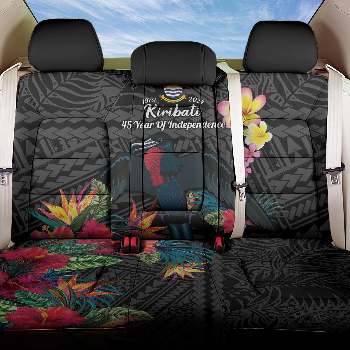 Kiribati Independence Day Back Car Seat Cover Frigatebird Mix Tropical Flowers - Black Style