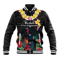 Kiribati Independence Day Baseball Jacket Frigatebird Mix Tropical Flowers - Black Style LT14 Unisex Black - Polynesian Pride