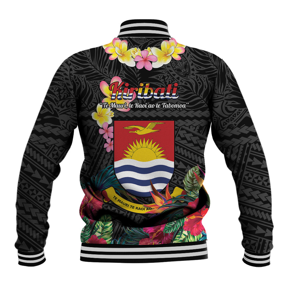 Kiribati Independence Day Baseball Jacket Frigatebird Mix Tropical Flowers - Black Style LT14 - Polynesian Pride