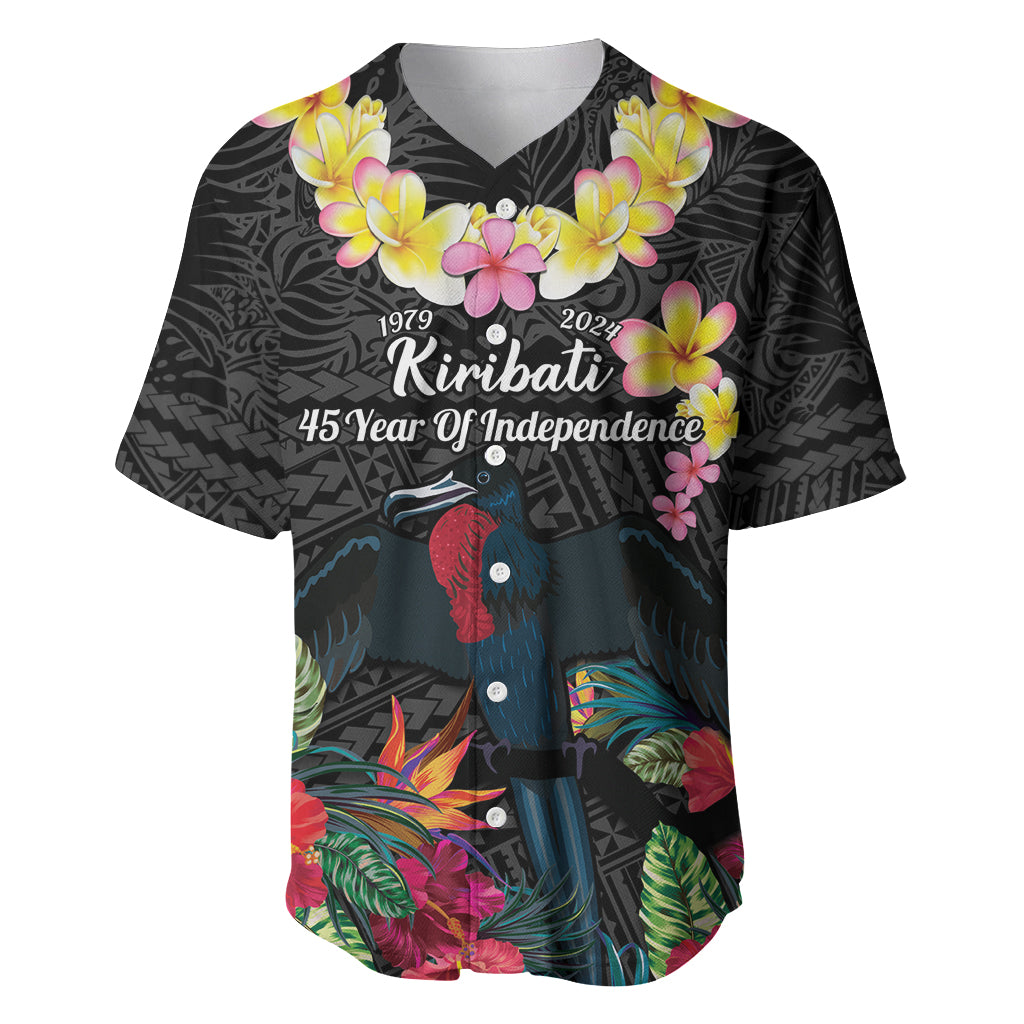 Kiribati Independence Day Baseball Jersey Frigatebird Mix Tropical Flowers - Black Style