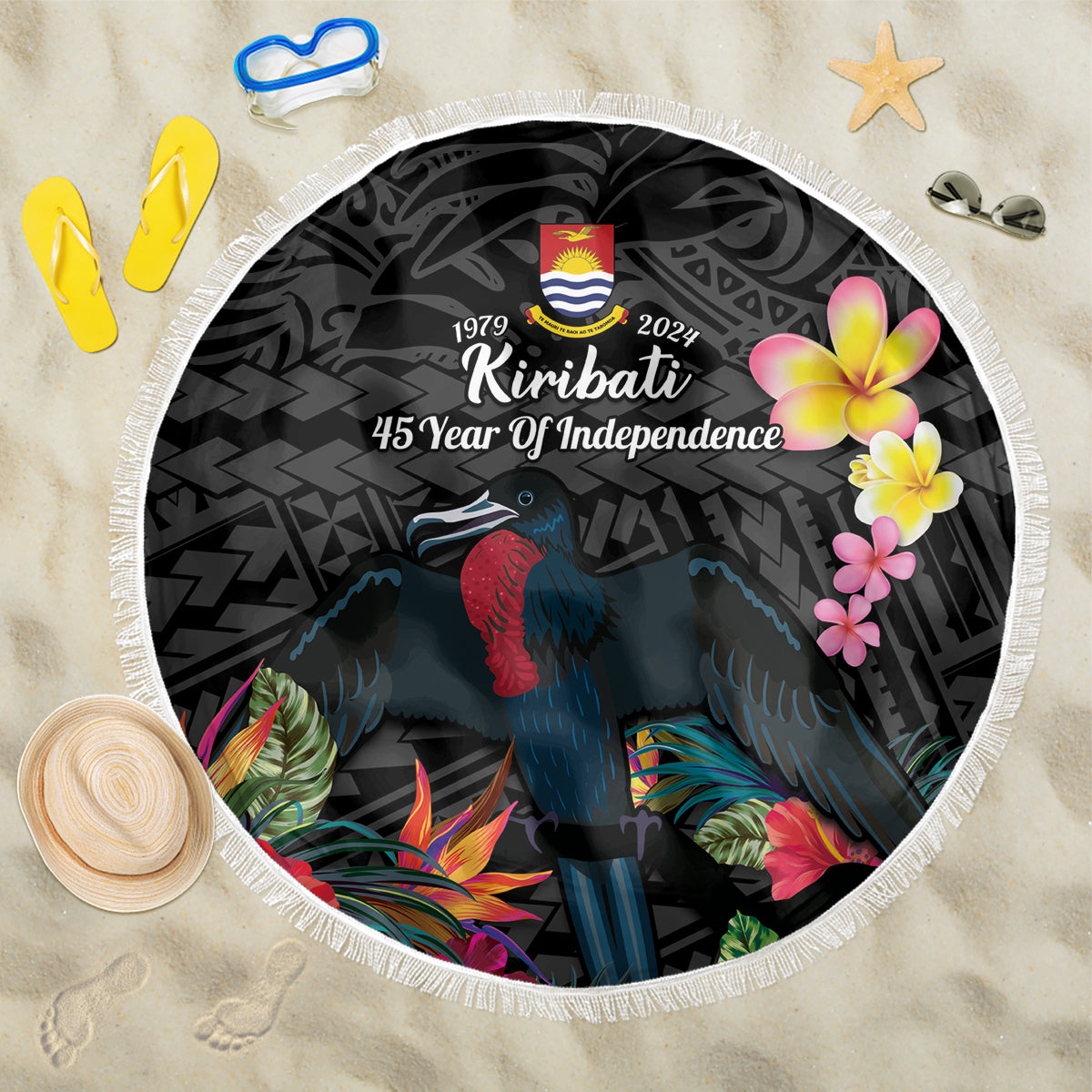 Kiribati Independence Day Beach Blanket Frigatebird Mix Tropical Flowers - Black Style LT14 One Size 150cm Black - Polynesian Pride