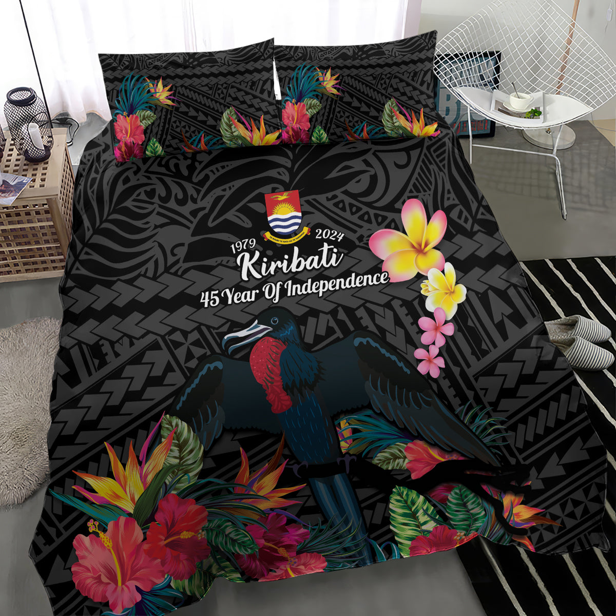 Kiribati Independence Day Bedding Set Frigatebird Mix Tropical Flowers - Black Style LT14 - Polynesian Pride