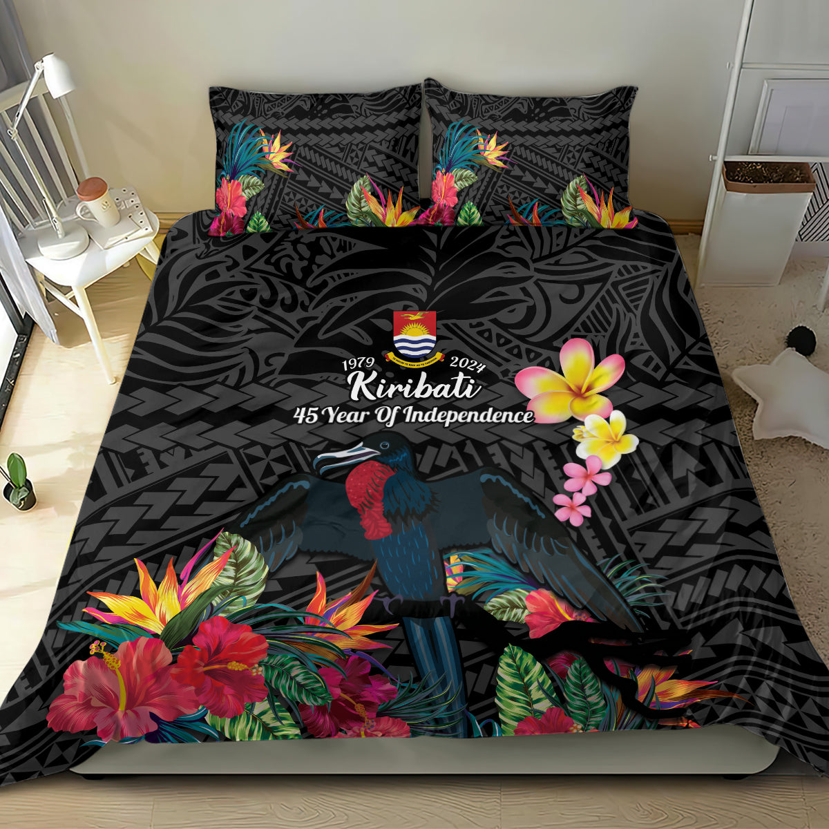 Kiribati Independence Day Bedding Set Frigatebird Mix Tropical Flowers - Black Style LT14 - Polynesian Pride