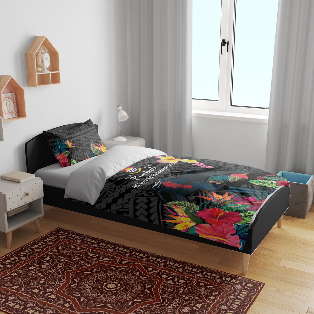 Kiribati Independence Day Bedding Set Frigatebird Mix Tropical Flowers - Black Style LT14 - Polynesian Pride