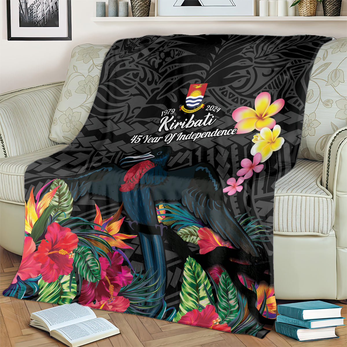 Kiribati Independence Day Blanket Frigatebird Mix Tropical Flowers - Black Style LT14 - Polynesian Pride