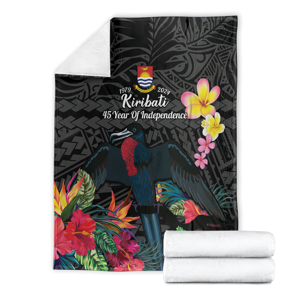 Kiribati Independence Day Blanket Frigatebird Mix Tropical Flowers - Black Style LT14 - Polynesian Pride