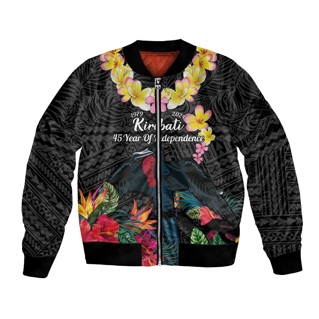 Kiribati Independence Day Bomber Jacket Frigatebird Mix Tropical Flowers - Black Style LT14 Unisex Black - Polynesian Pride