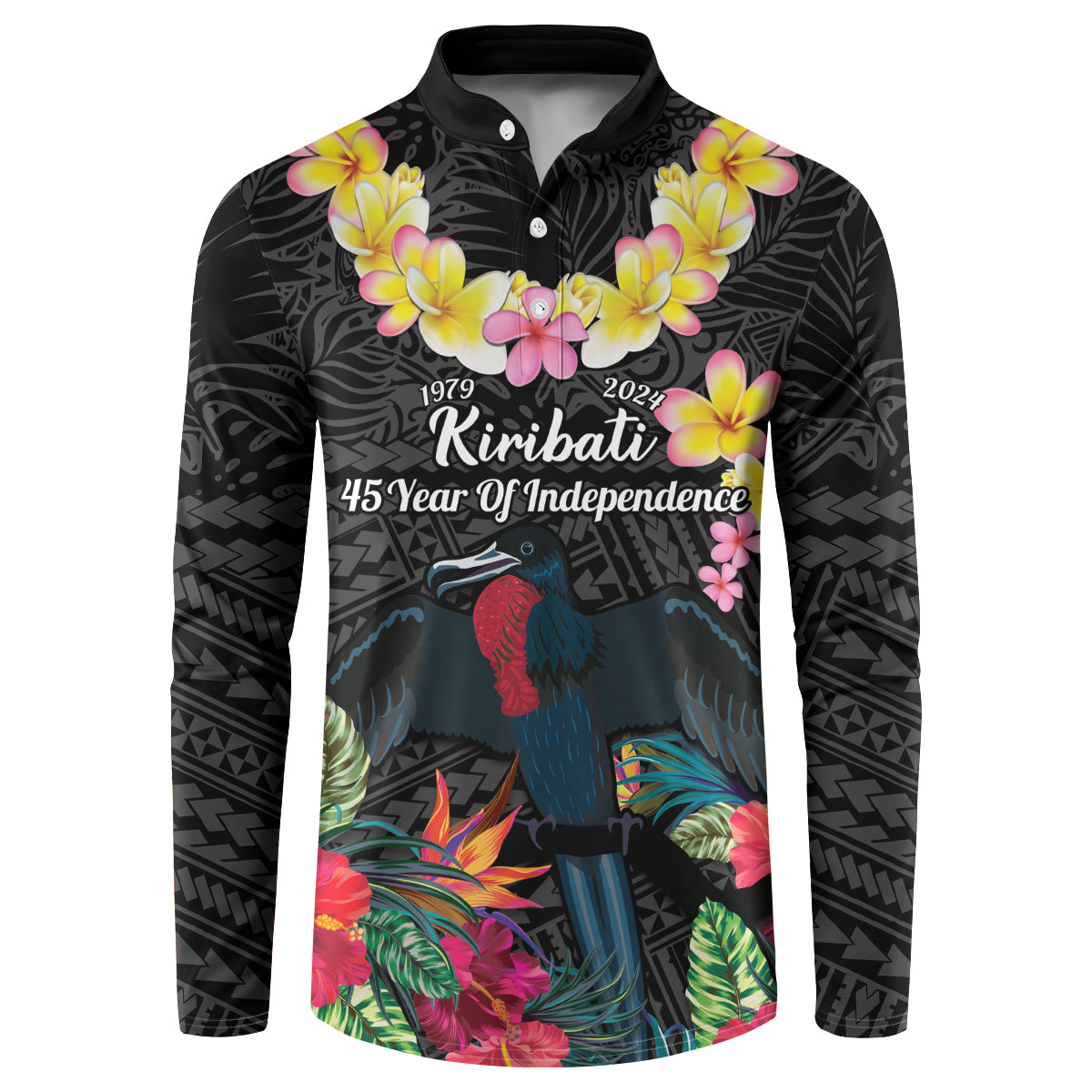 Kiribati Independence Day Button Sweatshirt Frigatebird Mix Tropical Flowers - Black Style LT14 Black - Polynesian Pride