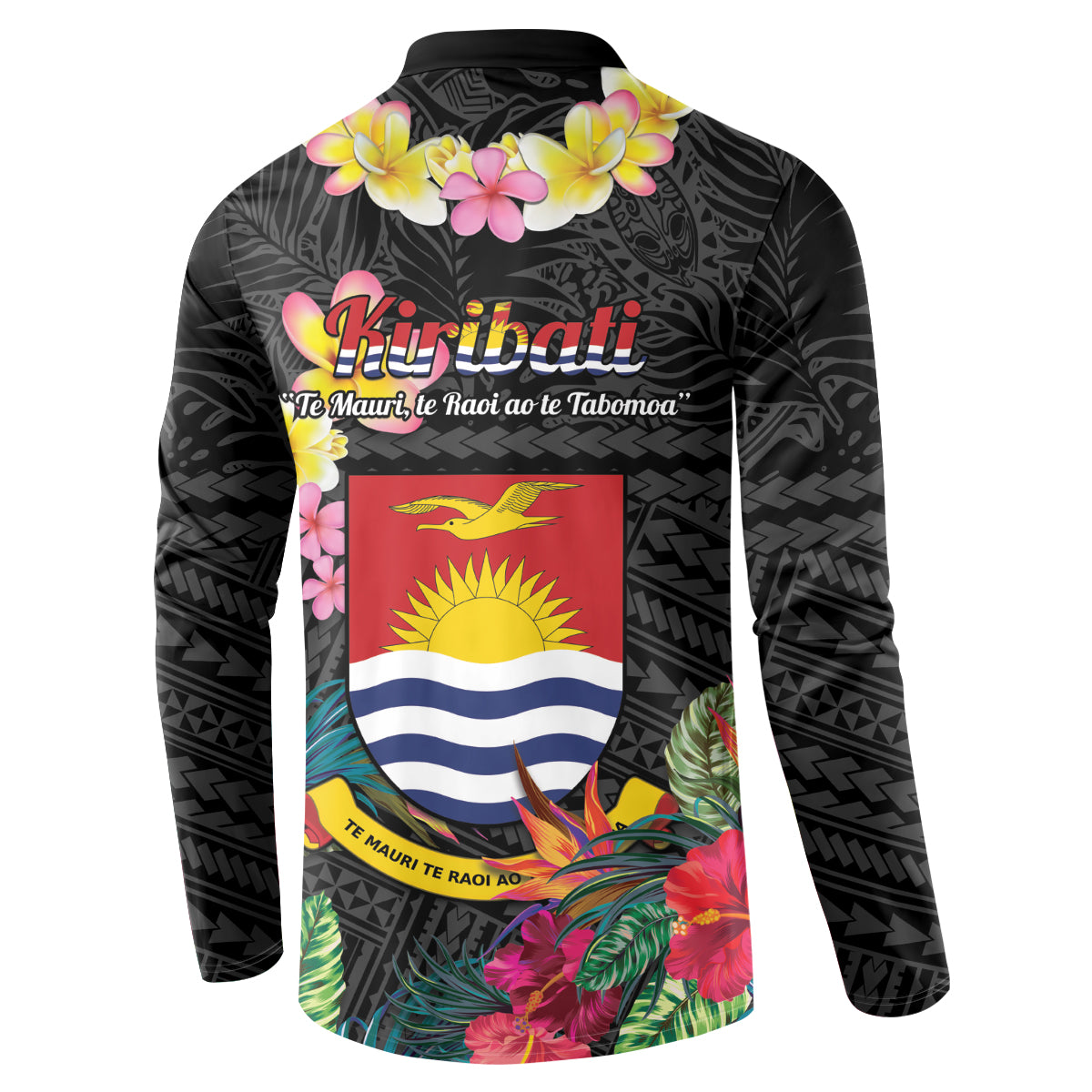 Kiribati Independence Day Button Sweatshirt Frigatebird Mix Tropical Flowers - Black Style LT14 - Polynesian Pride