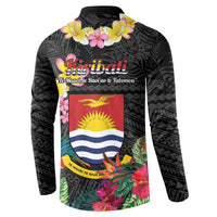 Kiribati Independence Day Button Sweatshirt Frigatebird Mix Tropical Flowers - Black Style LT14 - Polynesian Pride