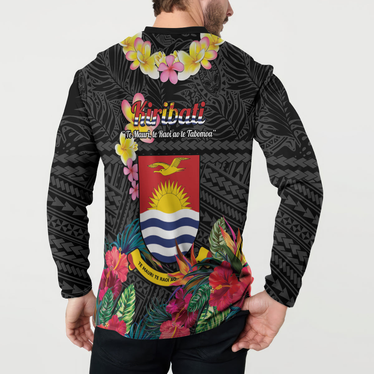 Kiribati Independence Day Button Sweatshirt Frigatebird Mix Tropical Flowers - Black Style LT14 - Polynesian Pride