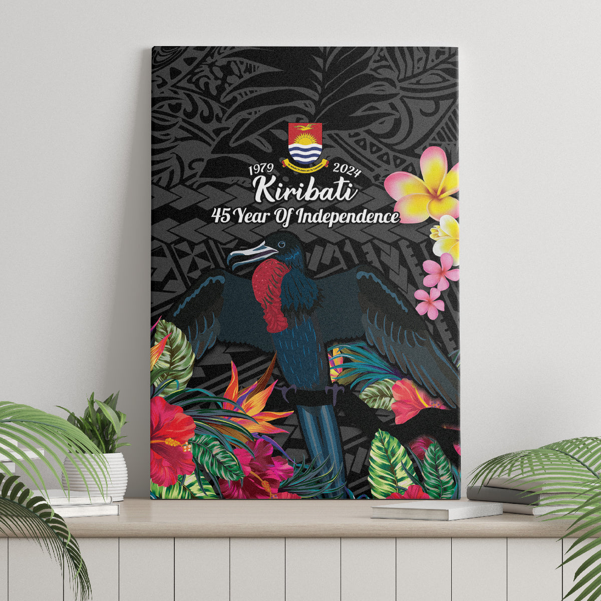 Kiribati Independence Day Canvas Wall Art Frigatebird Mix Tropical Flowers - Black Style LT14 - Polynesian Pride