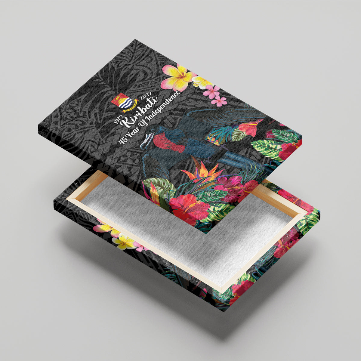 Kiribati Independence Day Canvas Wall Art Frigatebird Mix Tropical Flowers - Black Style LT14 - Polynesian Pride