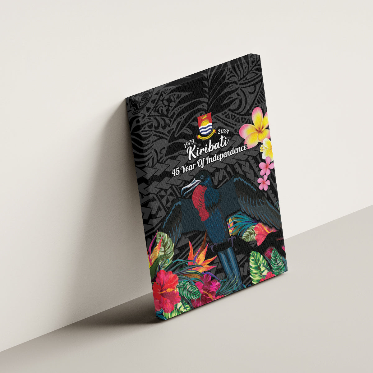 Kiribati Independence Day Canvas Wall Art Frigatebird Mix Tropical Flowers - Black Style LT14 - Polynesian Pride