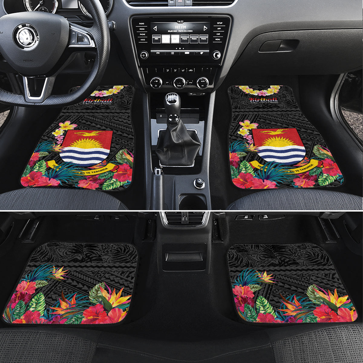 Kiribati Independence Day Car Mats Frigatebird Mix Tropical Flowers - Black Style LT14 Set 4pcs Black - Polynesian Pride